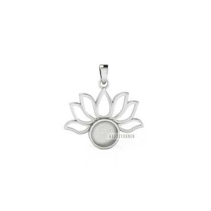 925 Sterling Solid Silver Lotus Flower 9mm Round Blank Bezel Pendant Settings, Good for Resin & Ashes Work, Breastmilk/Keepsake, DIY Crafts