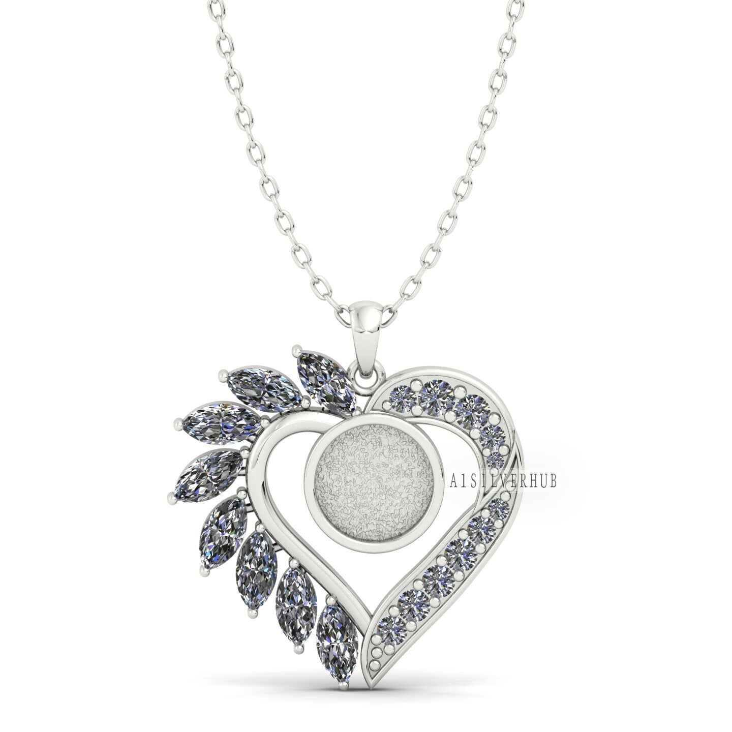 Designer Heart Blank Bezel Pendant Zircon Setted, 925 Sterling Silver, Good for Crush Opal, Resin & Ashes Work, Keepsake DIY Crafts Locket