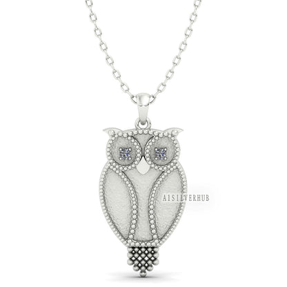 Owl Blank Bezel Pendant with CZ Setted, 925 Sterling Solid Silver, Good for Crushed Opal, Resin & Ashes Work, Breastmilk/Keepsake DIY Craft