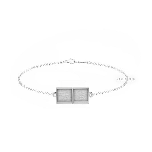 925 Sterling Silver 10mm Square Blank Bezel Cable Chain Bracelet Setting with Lobster Clasp, Good for Resin & Ashes, Keepsake/Breastmilk DIY