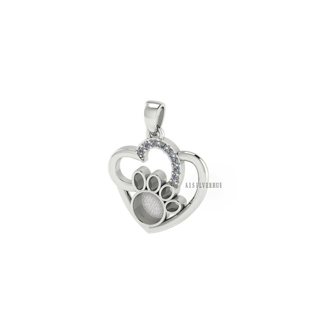 Dog Paw Blank Bezel Heart Pendant with CZ Setted, 925 Sterling Silver Pendant, Good for Resin & Ashes Work, Breastmilk/Keepsake DIY, Locket