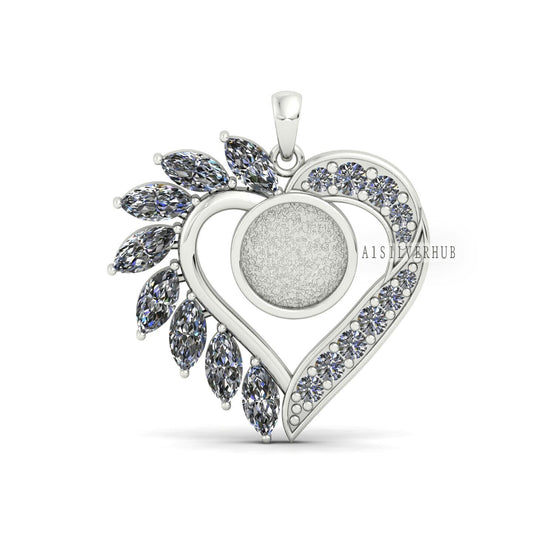 Designer Heart Blank Bezel Pendant Zircon Setted, 925 Sterling Silver, Good for Crush Opal, Resin & Ashes Work, Keepsake DIY Crafts Locket