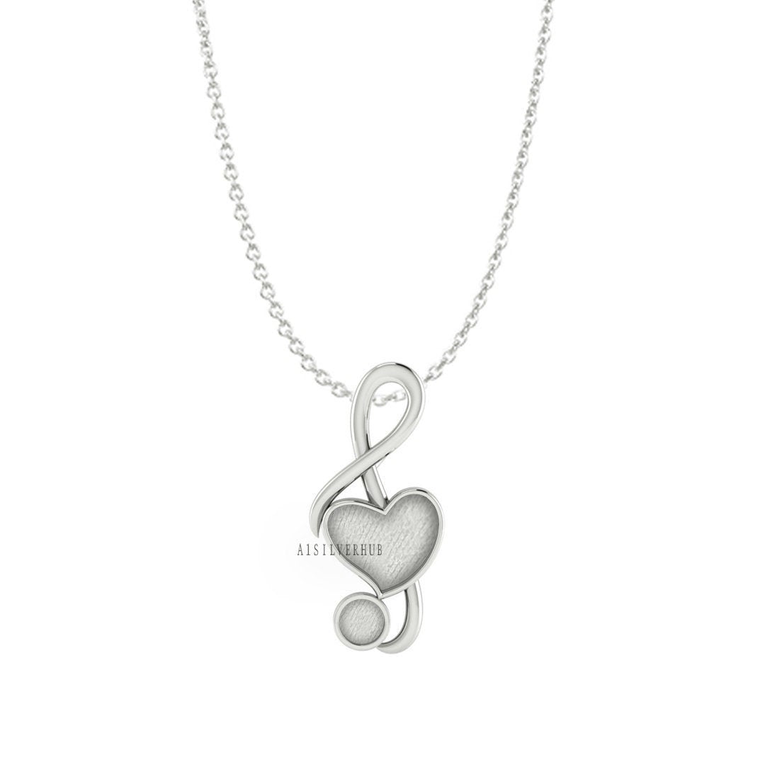 925 Sterling Silver Musical Note with Heart 12x10mm Blank Bezel Necklace, Good for Resin & Ashes Work,Keepsake/Breastmilk DIY 16''+2'' Chain