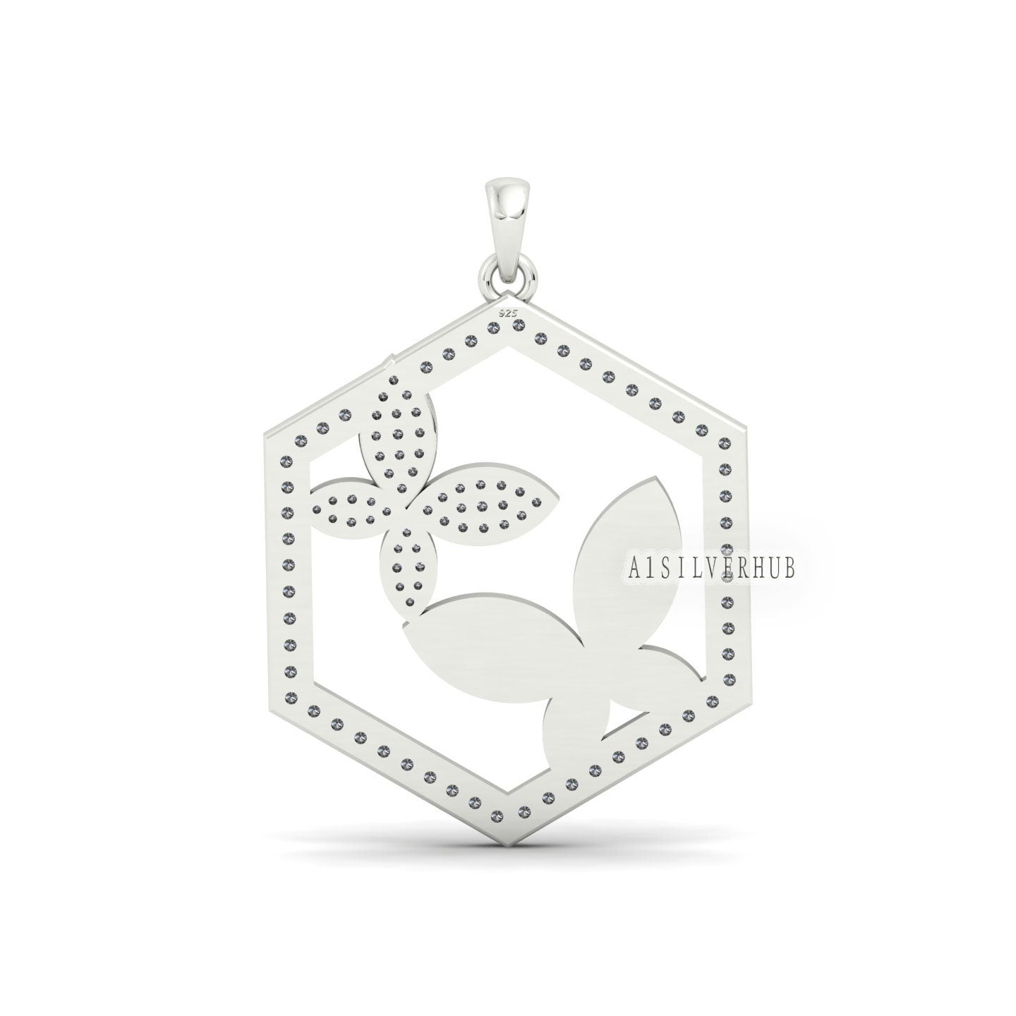 925 Sterling Silver, 26mm Hexagon with Butterflies Blank Bezel CZ Setted Pendant Setting For Pour Resin & Ashes, Breastmilk/Keepsake Crafts