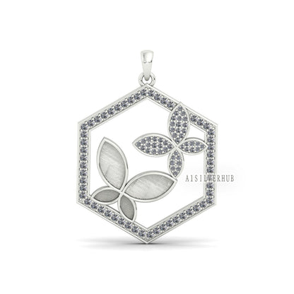 925 Sterling Silver, 26mm Hexagon with Butterflies Blank Bezel CZ Setted Pendant Setting For Pour Resin & Ashes, Breastmilk/Keepsake Crafts