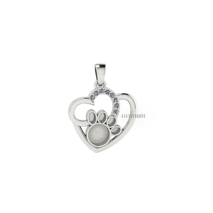 Dog Paw Blank Bezel Heart Pendant with CZ Setted, 925 Sterling Silver Pendant, Good for Resin & Ashes Work, Breastmilk/Keepsake DIY, Locket