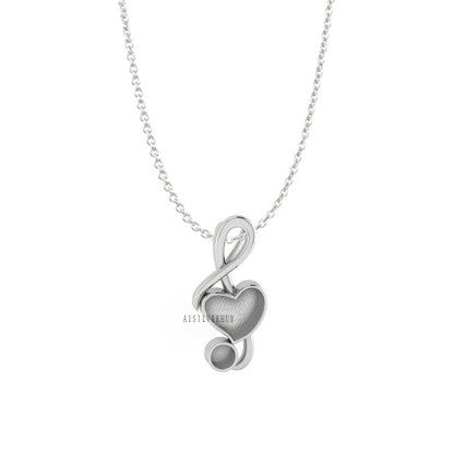 925 Sterling Silver Musical Note with Heart 12x10mm Blank Bezel Necklace, Good for Resin & Ashes Work,Keepsake/Breastmilk DIY 16''+2'' Chain