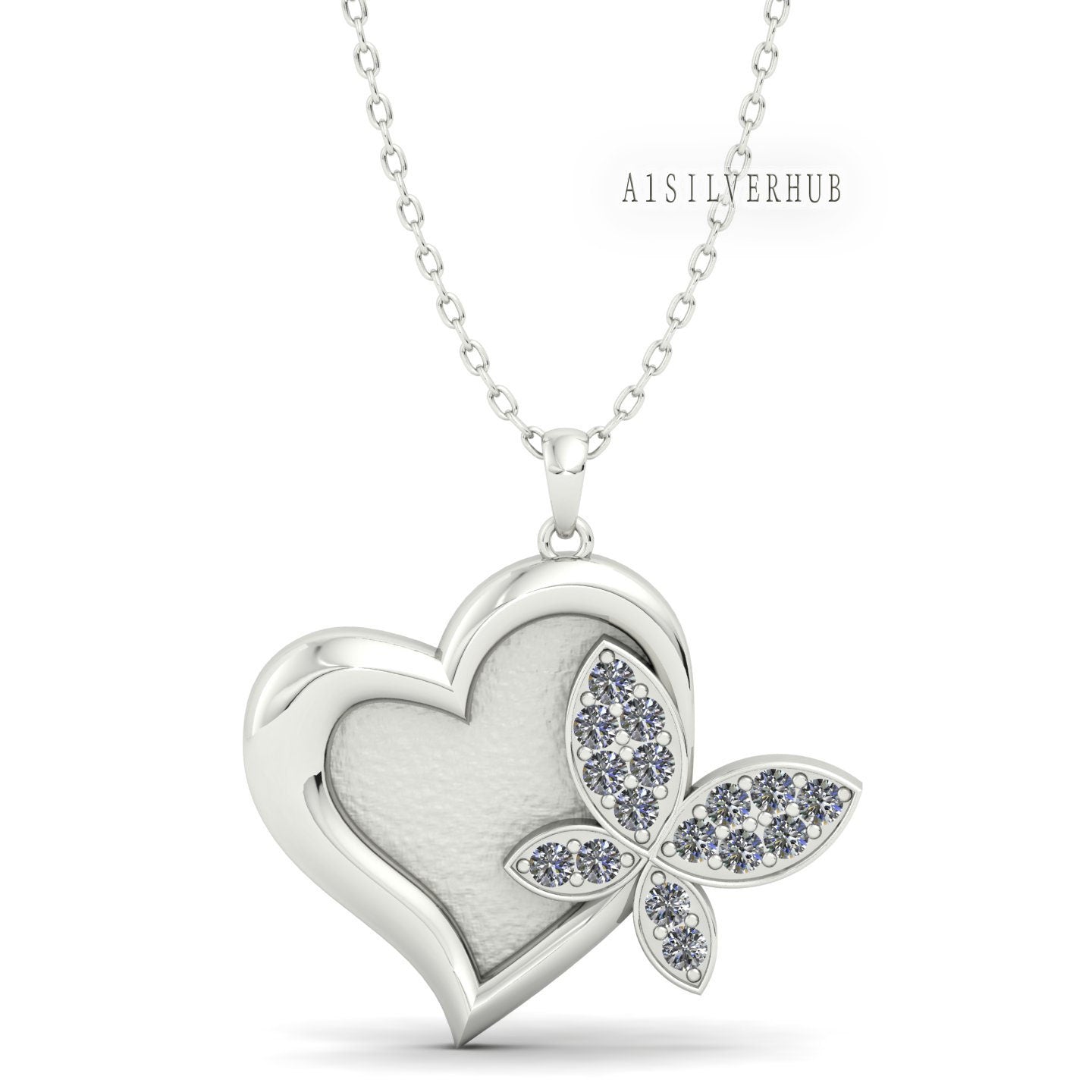 Butterfly in Heart Shape Blank Bezel with CZ Setted, 925 Sterling Silver Pendant Settings, Good for Resin & Ashes Work, Keepsake DIY Crafts