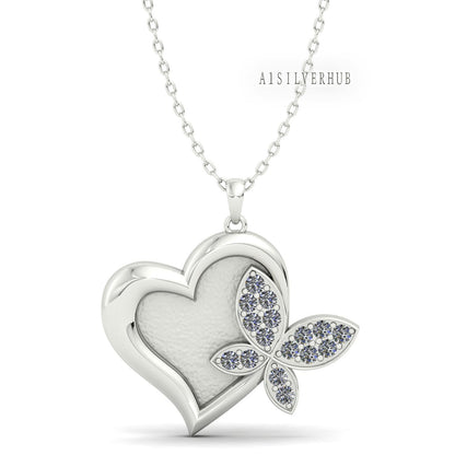 Butterfly in Heart Shape Blank Bezel with CZ Setted, 925 Sterling Silver Pendant Settings, Good for Resin & Ashes Work, Keepsake DIY Crafts