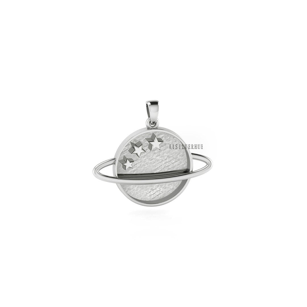 925 Sterling Silver Pendant, Saturn with Stars 20mm Round Blank Bezel Pendant Setting, Good for Resin & Ashes Work, Keepsake/Breastmilk DIY