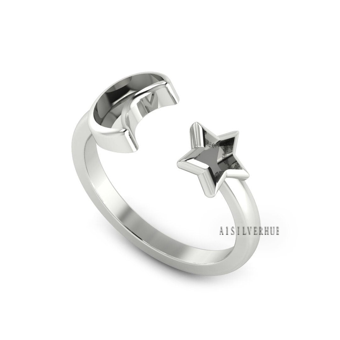 925 Sterling Solid Silver Moon and Star Blank Bezel Adjustable Band Ring Setting, Good for Resin & Ashes Work, Breastmilk/Keepsake DIY Craft