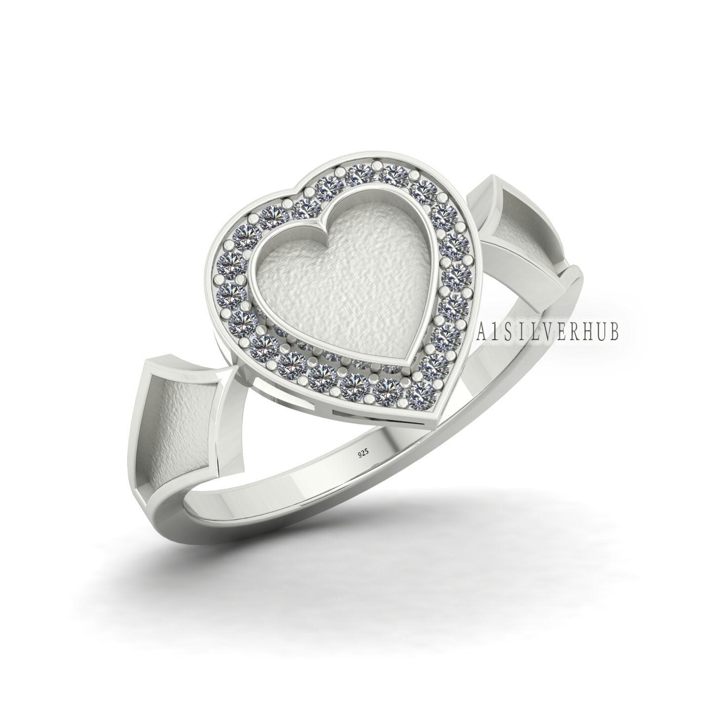 925 Sterling Solid Silver 11mm Heart Blank Bezel with CZ Setted on Band Ring, Good for Resin & Ashes Breastmilk DIY Work, Keepsake Jewelry