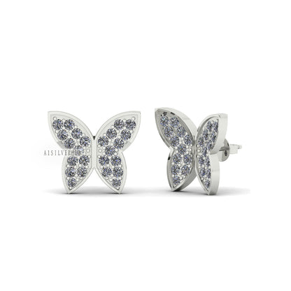 925 Sterling Silver Tiny Sweet Butterfly Fully Zircon Setted Ear Stud Earrings, Everyday Wear, Unisex & Children, Symbol Jewelry, Push Back