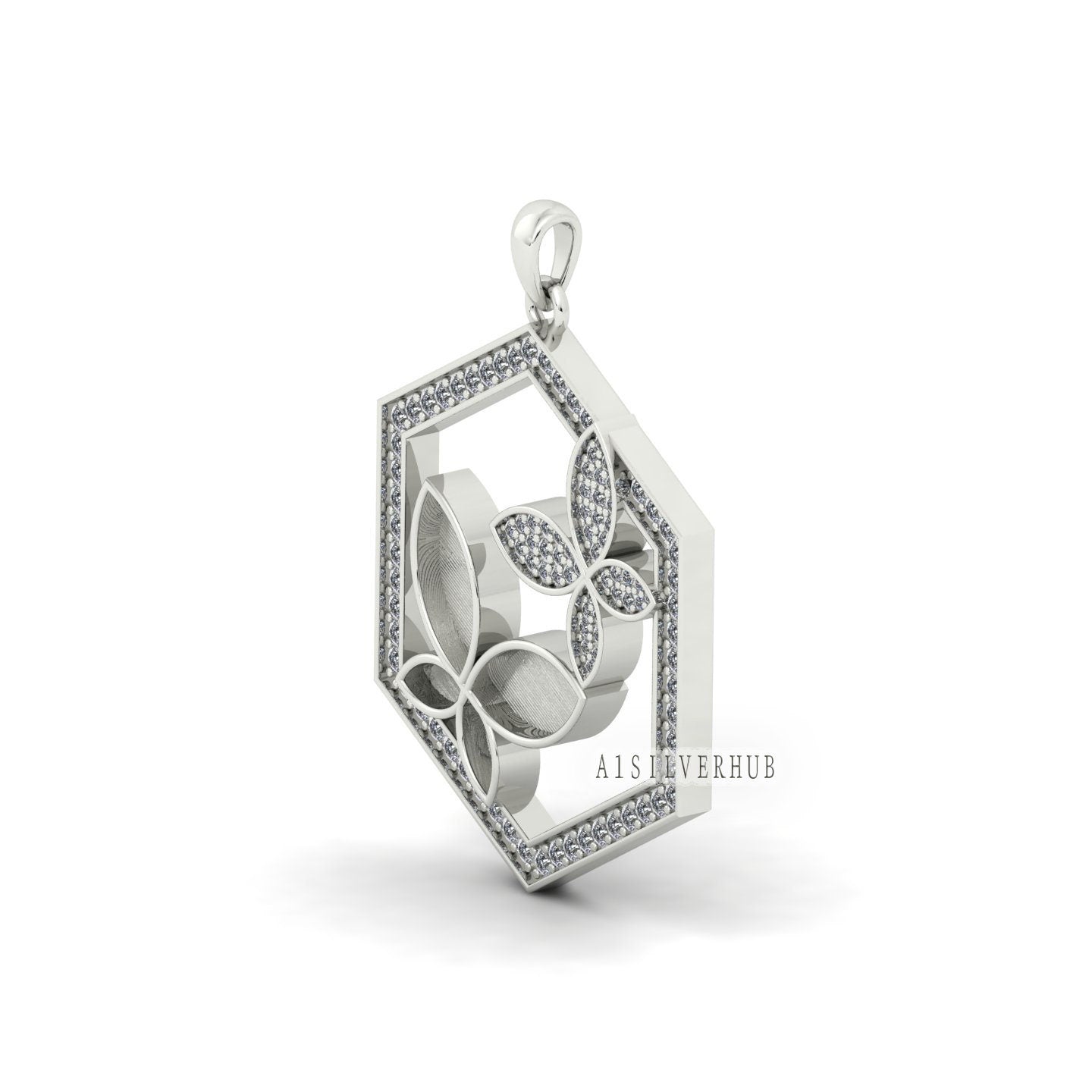 925 Sterling Silver, 26mm Hexagon with Butterflies Blank Bezel CZ Setted Pendant Setting For Pour Resin & Ashes, Breastmilk/Keepsake Crafts