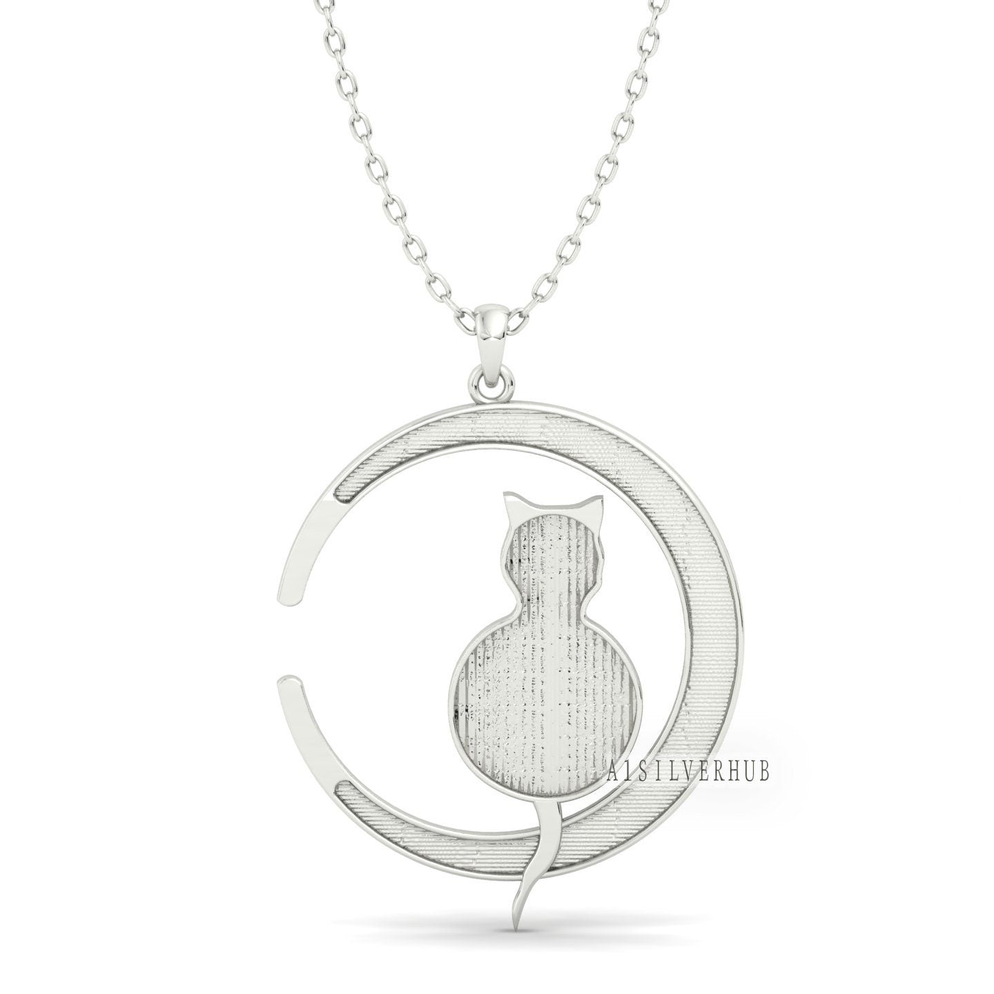 925 Sterling Silver Cat on Crescent Moon Blank Bezel Pendant Settings, Good for Resin & Ashes Work, Breastmilk/Keepsake Memorial Locket, DIY