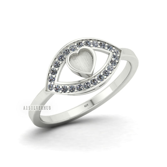 925 Sterling Solid Silver Evil Eye 4mm Heart Blank Bezel with CZ Setted Ring, Good for Resin & Ashes Work, Keepsake/Breastmilk Jewelry Craft