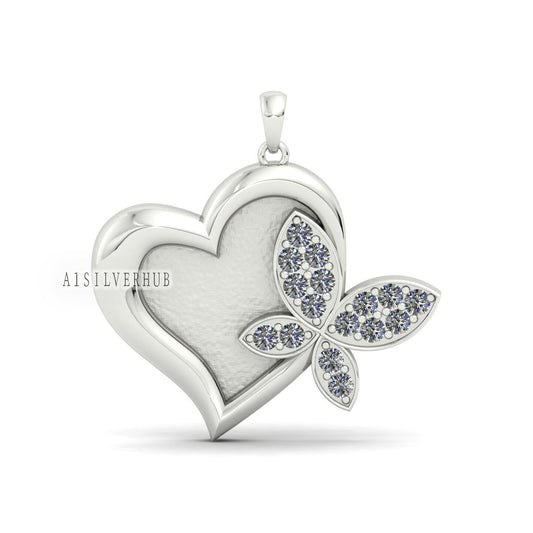 Butterfly in Heart Shape Blank Bezel with CZ Setted, 925 Sterling Silver Pendant Settings, Good for Resin & Ashes Work, Keepsake DIY Crafts