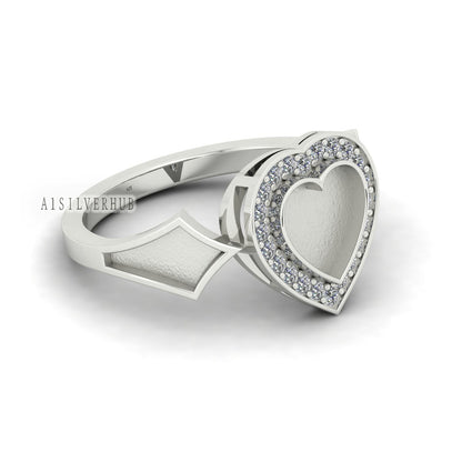 925 Sterling Solid Silver 11mm Heart Blank Bezel with CZ Setted on Band Ring, Good for Resin & Ashes Breastmilk DIY Work, Keepsake Jewelry