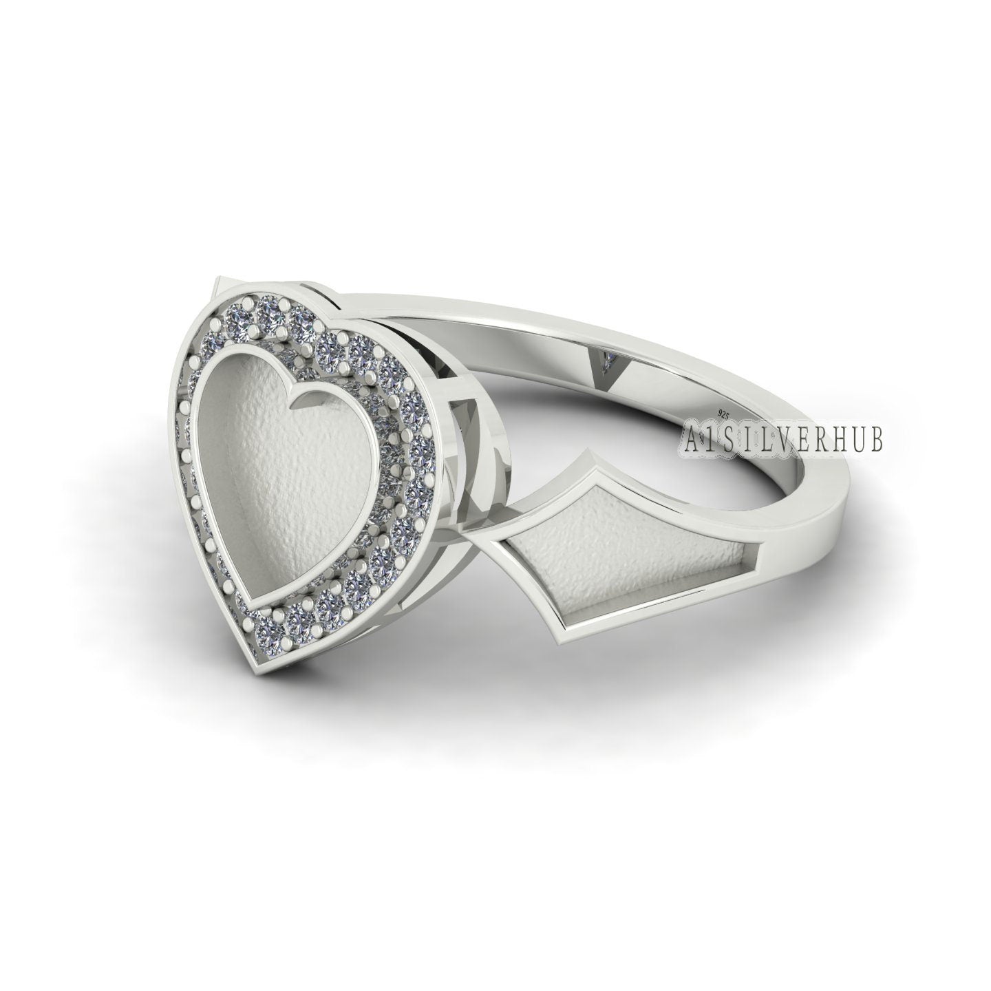 925 Sterling Solid Silver 11mm Heart Blank Bezel with CZ Setted on Band Ring, Good for Resin & Ashes Breastmilk DIY Work, Keepsake Jewelry