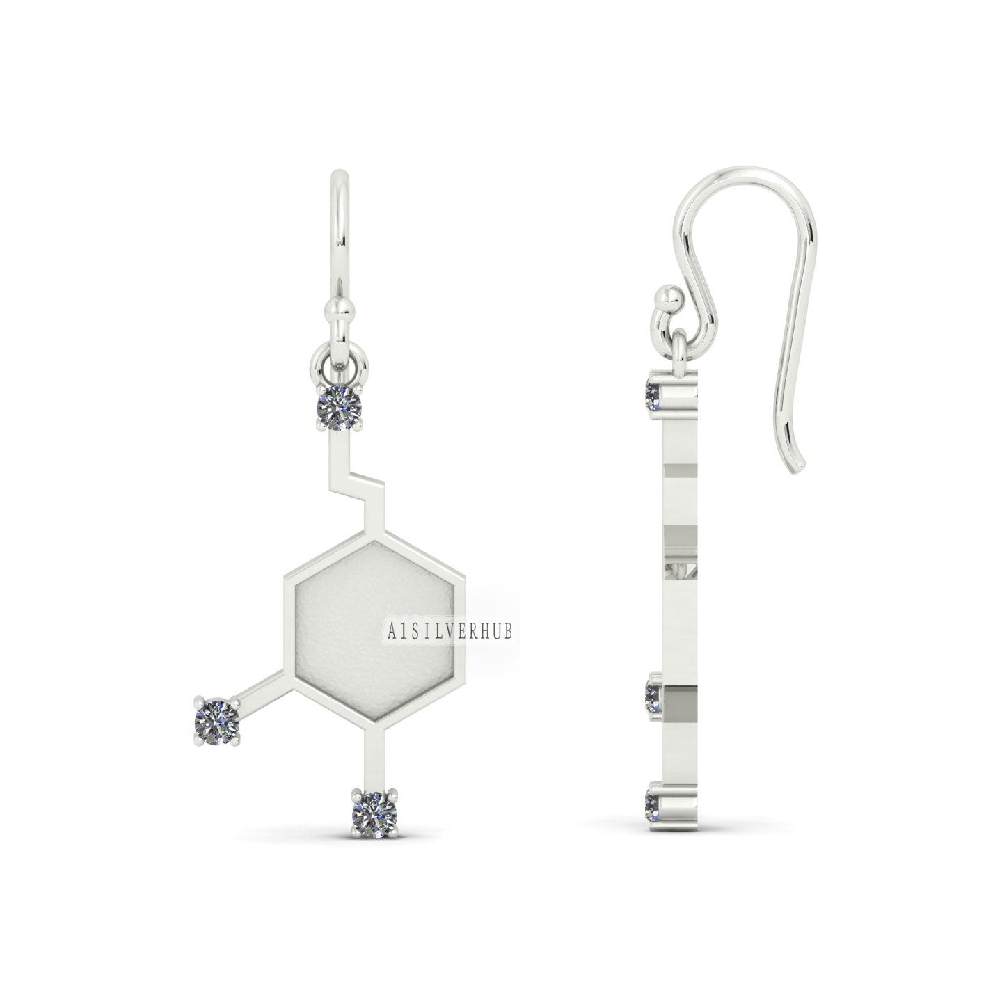 Hexagon 8x8mm Blank Bezel Designer Dangle Earrings with CZ Setted, 925 Sterling Silver, Good for Resin & Ashes Work, Keepsake Jewelry DIY