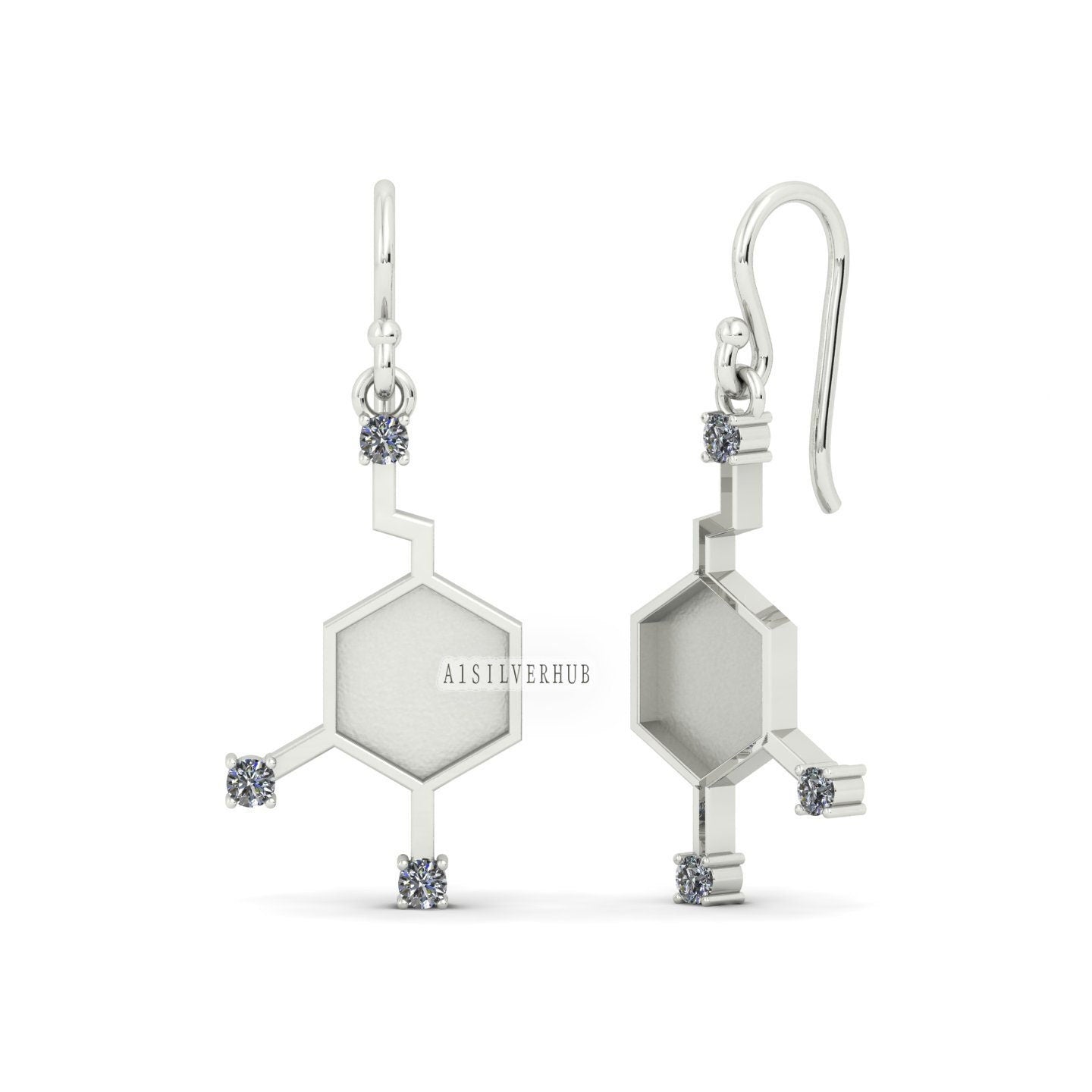 Hexagon 8x8mm Blank Bezel Designer Dangle Earrings with CZ Setted, 925 Sterling Silver, Good for Resin & Ashes Work, Keepsake Jewelry DIY