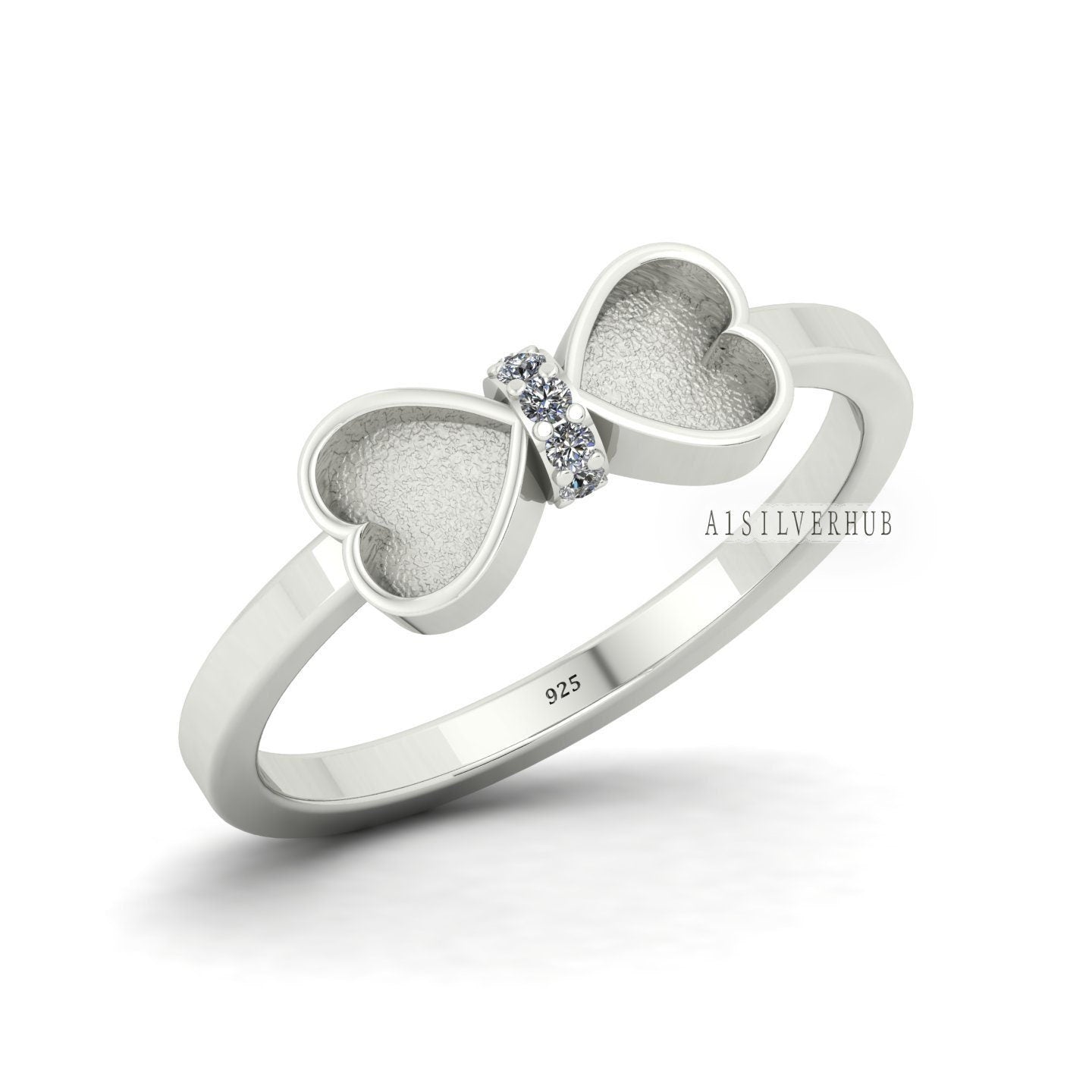 925 Sterling Solid Silver 4mm Heart Bow Blank Bezel with CZ Setted Band Ring, Good for Resin & Ashes Breastmilk DIY Work, Keepsake Jewelry