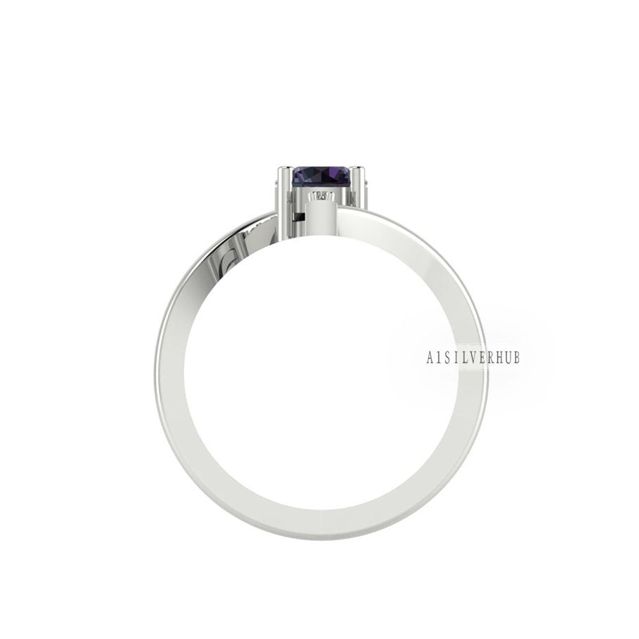 925 Sterling Silver, Round Amethyst CZ Vertical Bar White CZ Setted Delicate Ring, Bypass Engagement Ring, Wedding Band, Unique Gift For Her