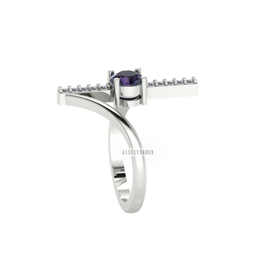 925 Sterling Silver, Round Amethyst CZ Vertical Bar White CZ Setted Delicate Ring, Bypass Engagement Ring, Wedding Band, Unique Gift For Her