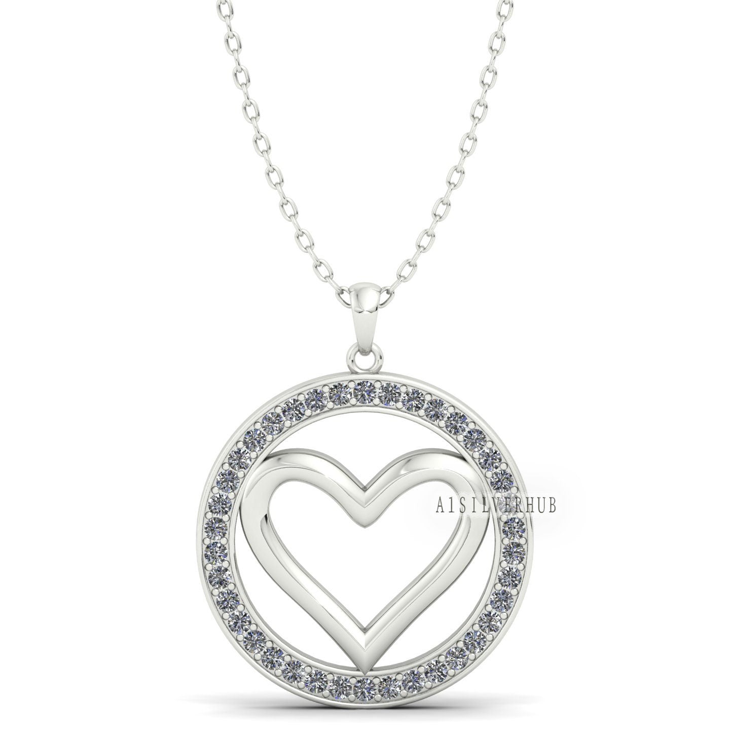 Love Heart Pendant with Circle Cubic Zircon Setted, 925 Sterling Silver Pendant, Pave Setting CZ, Memorial Everyday Locket, Gifts For Her