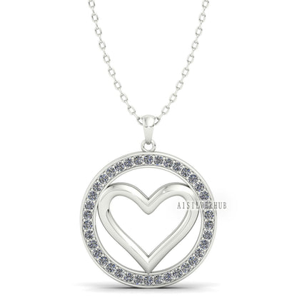 Love Heart Pendant with Circle Cubic Zircon Setted, 925 Sterling Silver Pendant, Pave Setting CZ, Memorial Everyday Locket, Gifts For Her