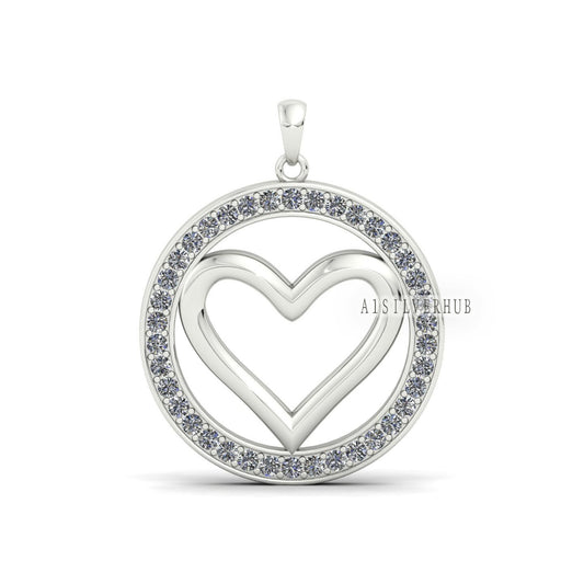 Love Heart Pendant with Circle Cubic Zircon Setted, 925 Sterling Silver Pendant, Pave Setting CZ, Memorial Everyday Locket, Gifts For Her