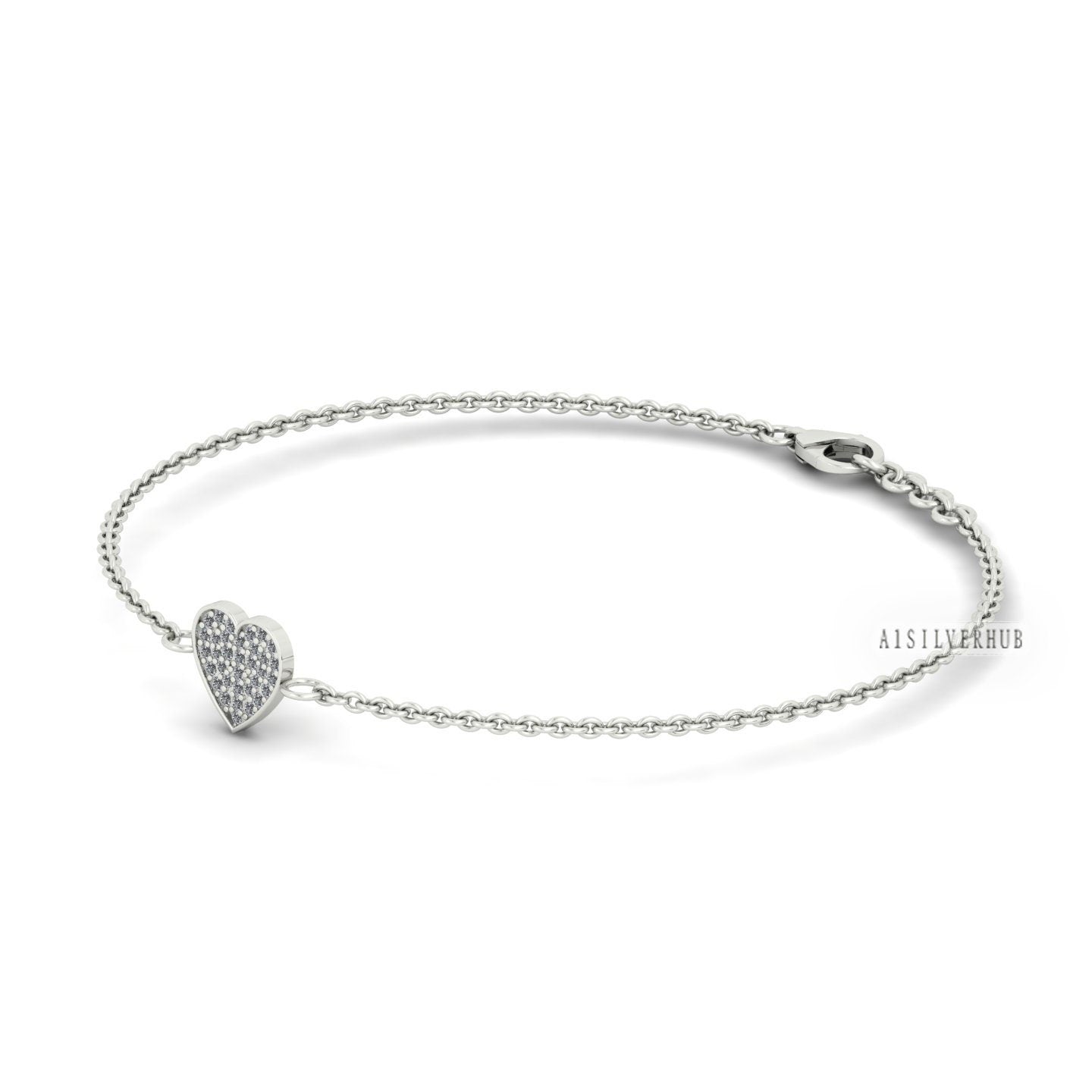 Heart Shape Chain Bracelet 925 Sterling Silver with Zircon CZ, Pave Setting, Memorial Jewelry Gift for Loved Ones