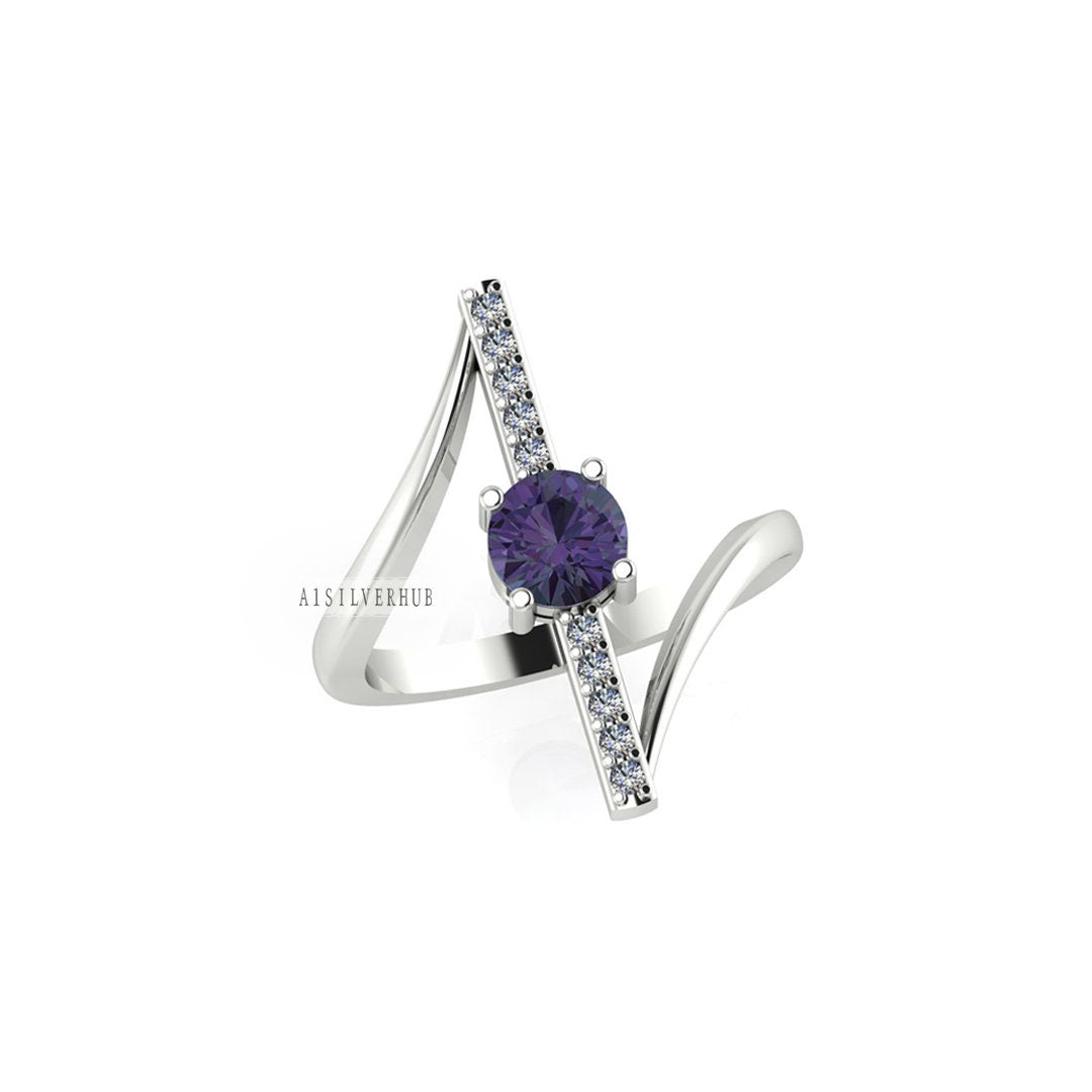 925 Sterling Silver, Round Amethyst CZ Vertical Bar White CZ Setted Delicate Ring, Bypass Engagement Ring, Wedding Band, Unique Gift For Her