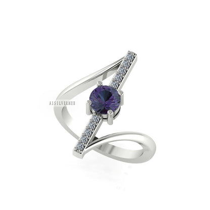 925 Sterling Silver, Round Amethyst CZ Vertical Bar White CZ Setted Delicate Ring, Bypass Engagement Ring, Wedding Band, Unique Gift For Her