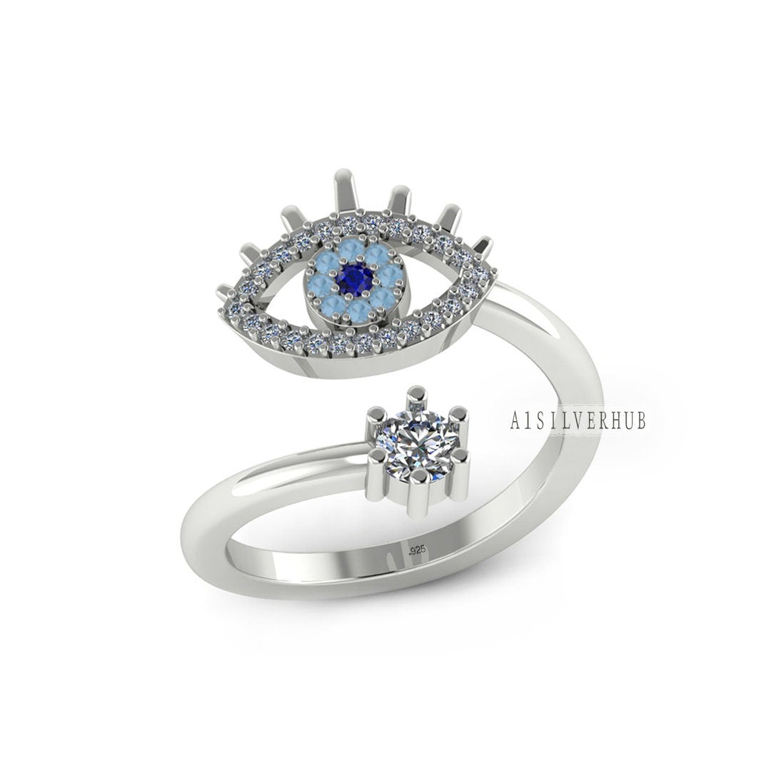 Evil Eye Ring, Lucky Turkish adjustable 925 silver Ring with Crystal Rhinestones in Silver, Gold, Rose gold Evil Eye Nazar Ring zircon gems