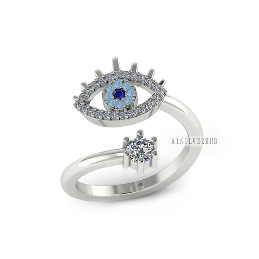 Evil Eye Ring, Lucky Turkish adjustable 925 silver Ring with Crystal Rhinestones in Silver, Gold, Rose gold Evil Eye Nazar Ring zircon gems