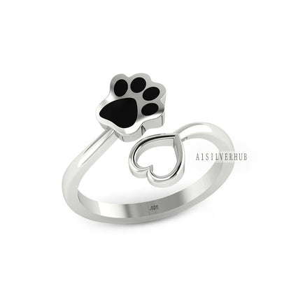 Dog paw print enamel ring, unisex ring, gold paw print ring, animal wrap open ring, paw marks ring for dog lover, heart paw ring,silver ring