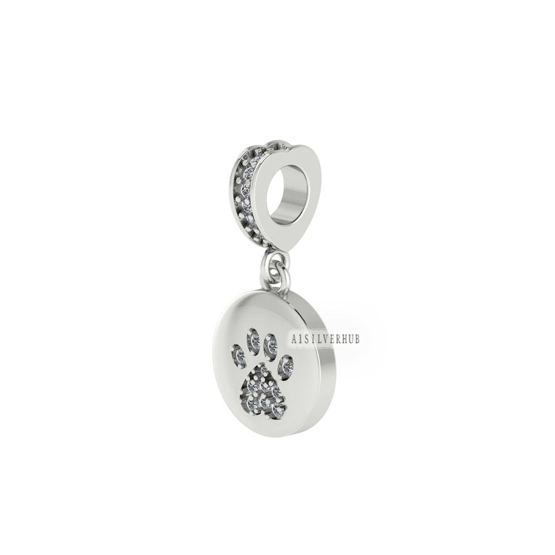 925 Sterling Silver Dog Paw Print Charm For Bracelet with Clear Cubic Zirconia - Perfect Gift for Christmas and Keepsake Memorial, Pet Lover