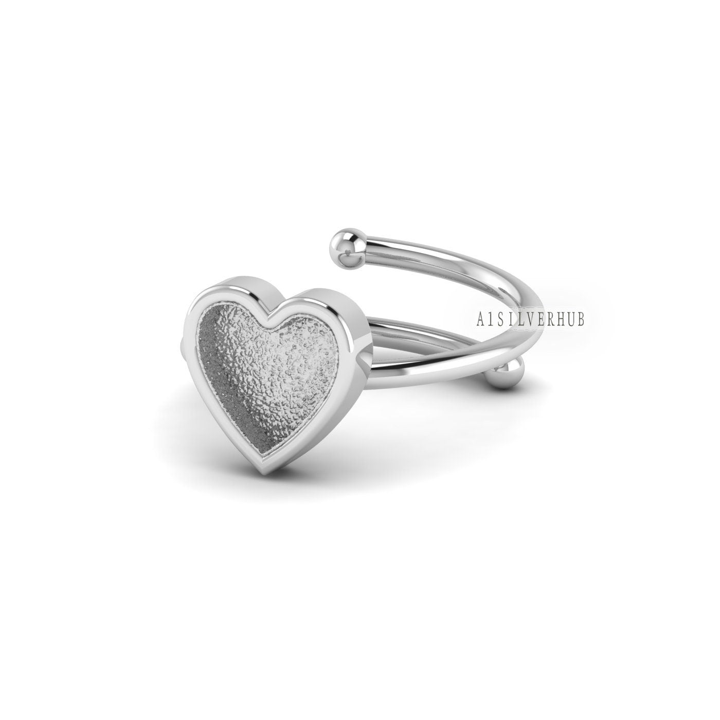 925 Sterling Solid Silver 8mm Heart Shape Blank Bezel Adjustable Ball Band Ring, Good for Resin & Ashes Work, Keepsake Breastmilk DIY Crafts