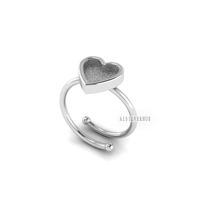 925 Sterling Solid Silver 8mm Heart Shape Blank Bezel Adjustable Ball Band Ring, Good for Resin & Ashes Work, Keepsake Breastmilk DIY Crafts