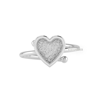 925 Sterling Solid Silver 8mm Heart Shape Blank Bezel Adjustable Ball Band Ring, Good for Resin & Ashes Work, Keepsake Breastmilk DIY Crafts