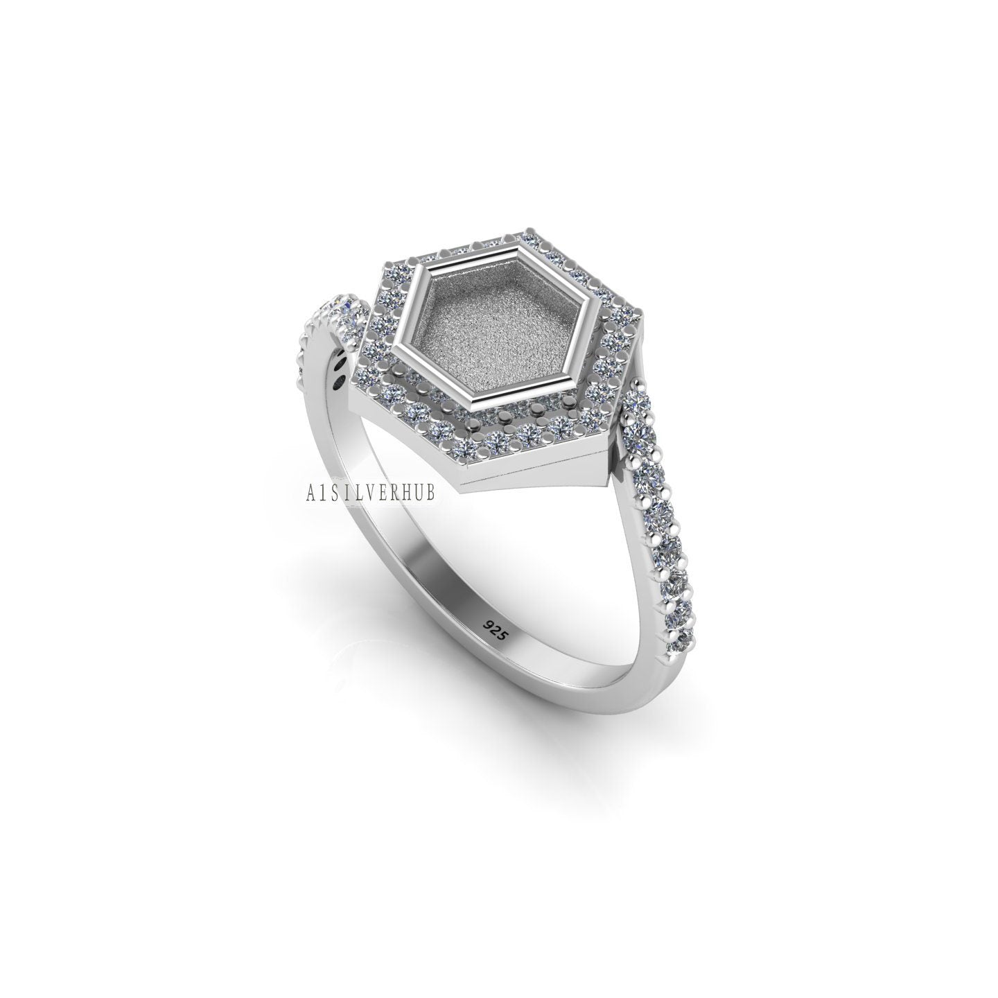 925 Sterling Solid Silver 6mm Hexagon Blank Bezel with CZ Setted on Band Ring, Good for Resin & Ashes, Keepsake Jewelry, Breastmilk DIY Work