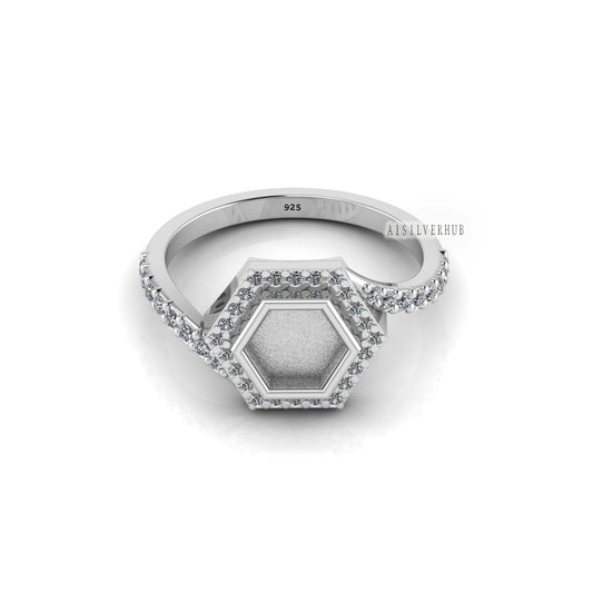 925 Sterling Solid Silver 6mm Hexagon Blank Bezel with CZ Setted on Band Ring, Good for Resin & Ashes, Keepsake Jewelry, Breastmilk DIY Work