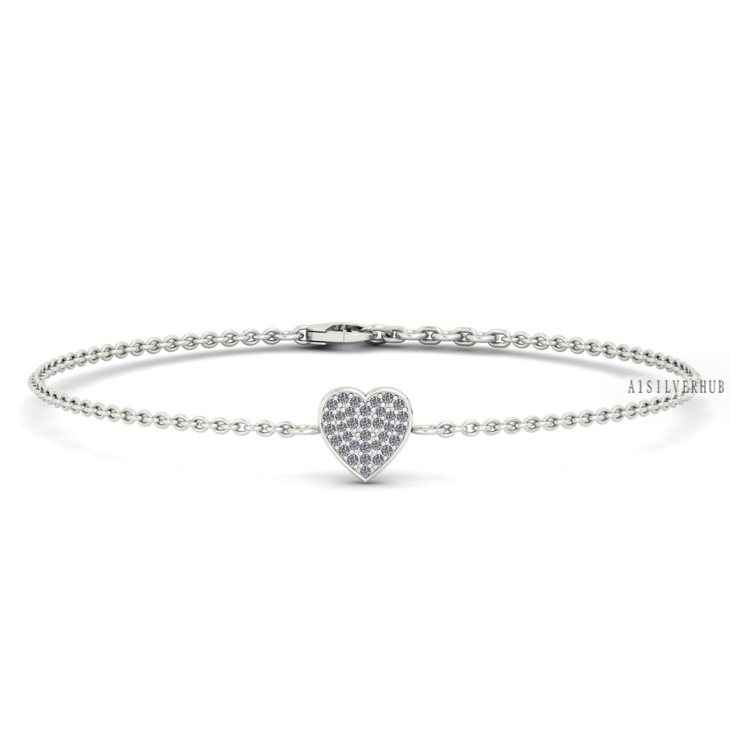 Heart Shape Chain Bracelet 925 Sterling Silver with Zircon CZ, Pave Setting, Memorial Jewelry Gift for Loved Ones