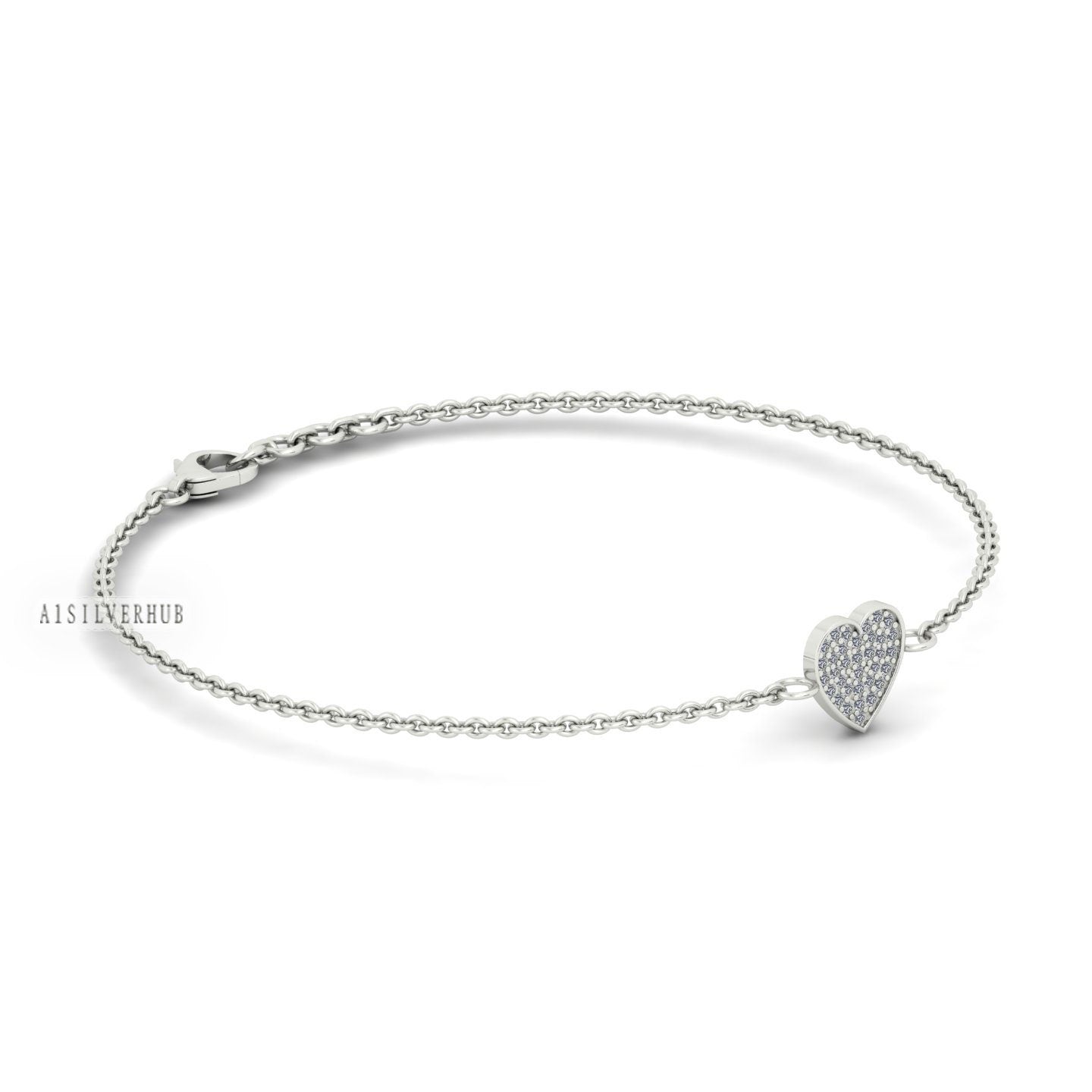 Heart Shape Chain Bracelet 925 Sterling Silver with Zircon CZ, Pave Setting, Memorial Jewelry Gift for Loved Ones