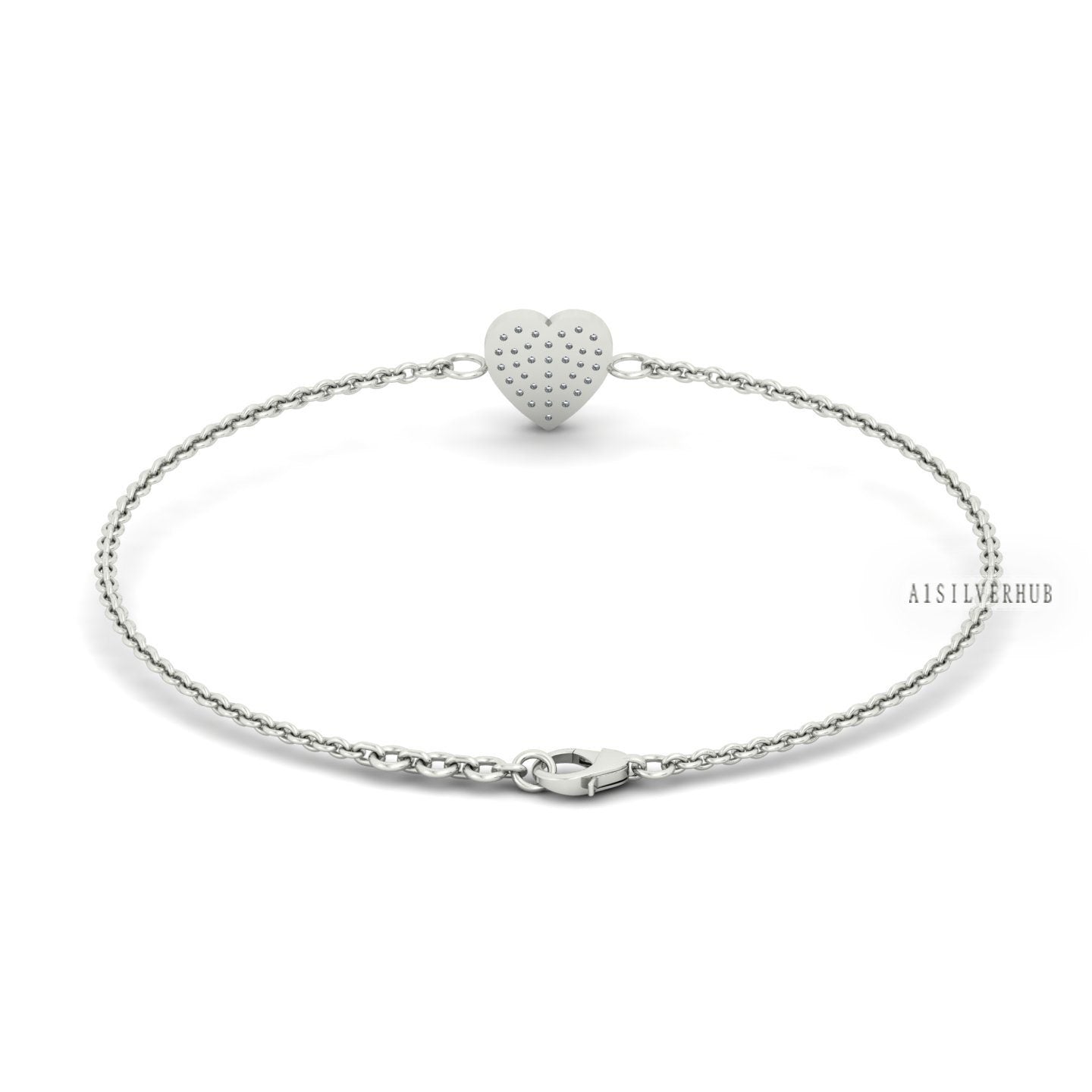 Heart Shape Chain Bracelet 925 Sterling Silver with Zircon CZ, Pave Setting, Memorial Jewelry Gift for Loved Ones