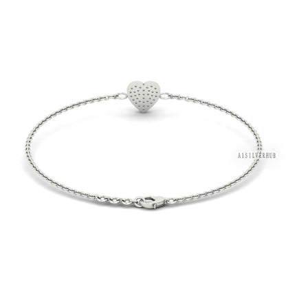 Heart Shape Chain Bracelet 925 Sterling Silver with Zircon CZ, Pave Setting, Memorial Jewelry Gift for Loved Ones