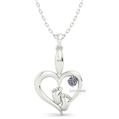 Love Heart with New Born Baby Foot Pendant with Cubic Zircon Setted, 925 Sterling Silver Pendant, Memorial Everyday Locket, Gifts For Her