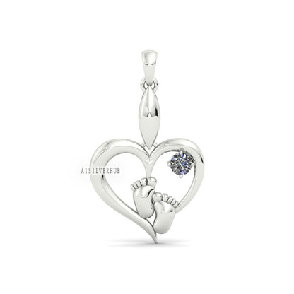 Love Heart with New Born Baby Foot Pendant with Cubic Zircon Setted, 925 Sterling Silver Pendant, Memorial Everyday Locket, Gifts For Her