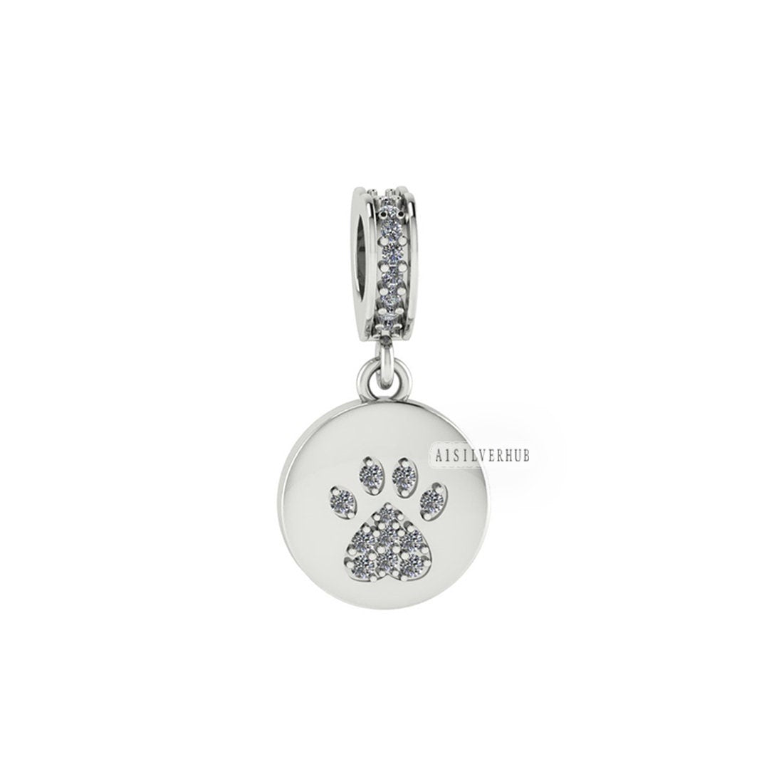 925 Sterling Silver Dog Paw Print Charm For Bracelet with Clear Cubic Zirconia - Perfect Gift for Christmas and Keepsake Memorial, Pet Lover